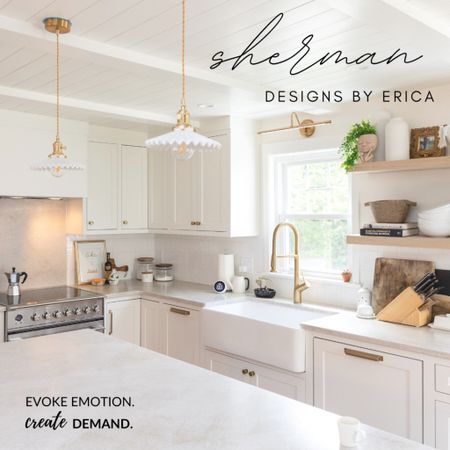 Gold fixtures, white cabinetry, and a spacious natural oak island bring Erica's dream kitchen to life. 

Every event can be accommodated on the custom-designed white oak kitchen island, from a quiet family dinner to a lively holiday party or a leisurely afternoon of arts and crafts. 

Above the window hang artfully placed library sconces, while petite umbrella pendants dangle over the island, respectively, adding a dramatic and romantic touch to the space. 

Is it our #interiordesign work you seek? Follow #DesignsByErica to see the latest!

#LTKhome