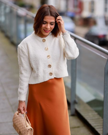 Cream Cardigan Brown Orange Satin Skirt Autumn Outfit 

#LTKSeasonal #LTKover40 #LTKstyletip