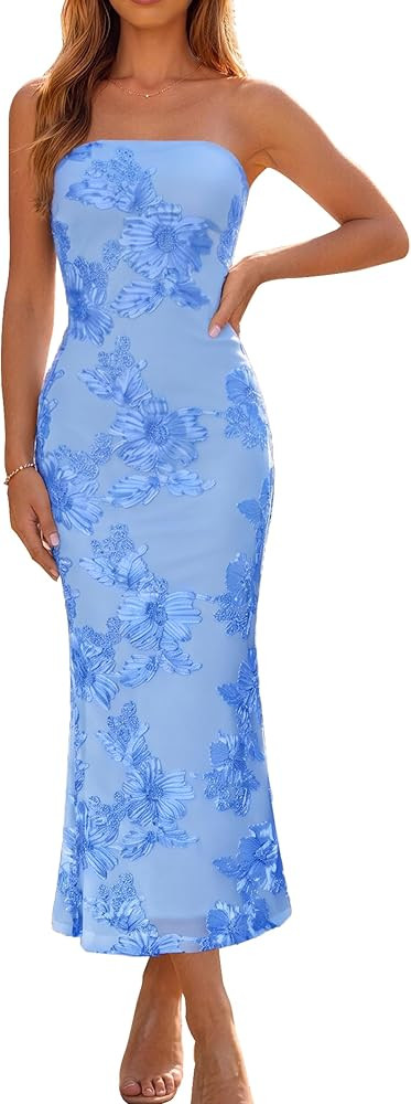 Poulax Women's Floral Strapless Maxi Dress 2026 Summer Mesh Tube Bodycon Cocktail Wedding Guest F... | Amazon (US)