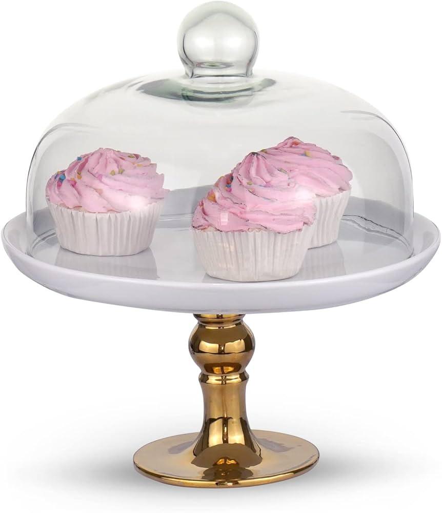 White Cake Plate, Gold Footed Cake Stand with a Clear Dome, 9.8 Inches (Single) | Amazon (US)