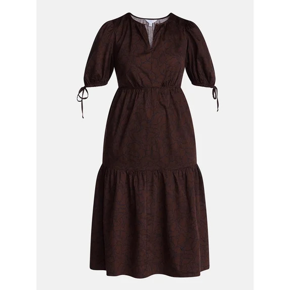 Time and Tru Women's Tiered Midi Dress with Tie Puff Sleeves, Sizes XS-XXXL | Walmart (US)