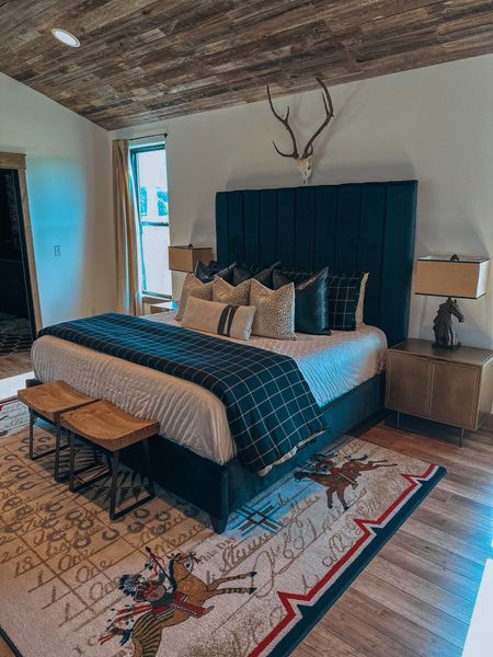 Western master bedroom. The black plaid bedding is from Paseo Road and you can use code VELVET10 #cowgirl #western 

#LTKhome