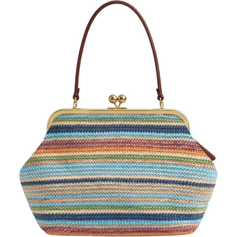 Kiss Lock Woven Straw Handbag, Large Capacity Rainbow Striped Shoulder Bag with Metal Frame, Summ... | Walmart (US)