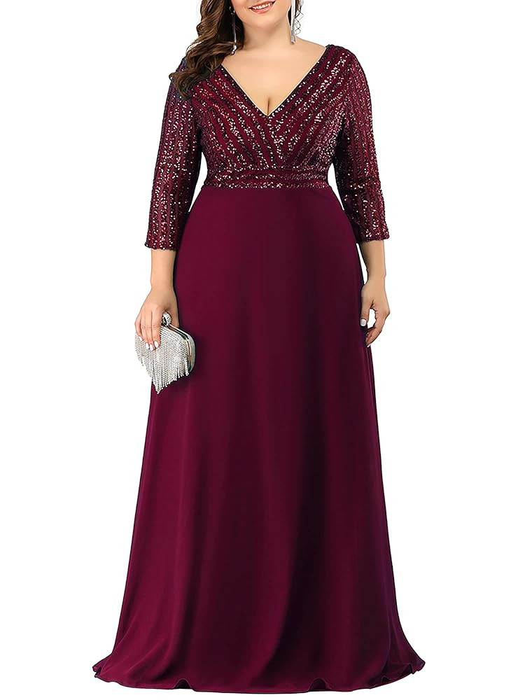 Ever-Pretty Women's Plus Size V-Neck Sparkle Sequins Chiffon 3/4 Sleevess Formal Dresses 0751-PZ | Amazon (US)