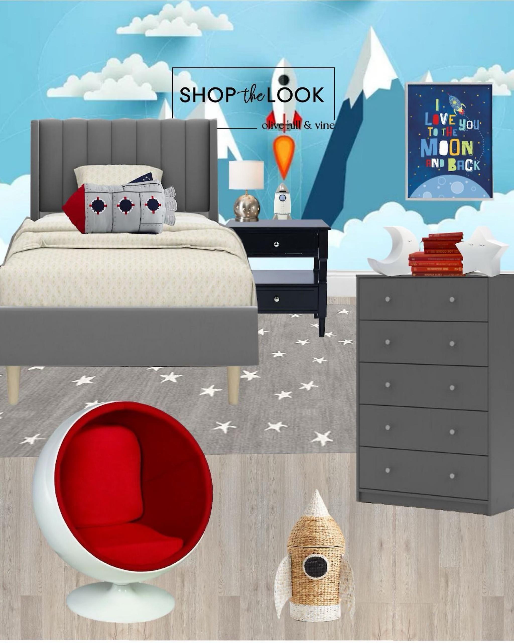 Ready to launch a bedroom that's out of this world? Explore our curated rocket-themed design! Featuring a space rocket wall mural, gray upholstered bed, 5-drawer tall dresser, star-patterned rug, navy blue nightstand, rocket piggy bank, light-up pillow, and moon-themed accents. Shop the look today! 

#LTKFamily #LTKKids #LTKHome
