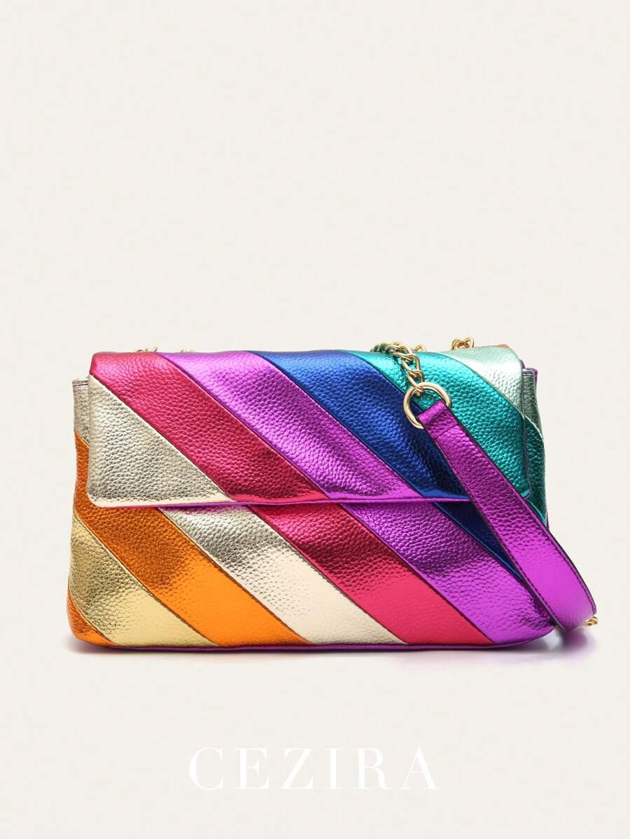 CEZIRA 1 Pc Metallic Colorful Stripes Patchwork PU Leather Shoulder Bag For Women Flap Cover Meta... | SHEIN