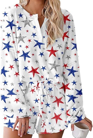 Womens Printed Ruffle Short Pajamas Set Two Piece PJ Set Loungewear Nightwear Sleepwear | Amazon (US)