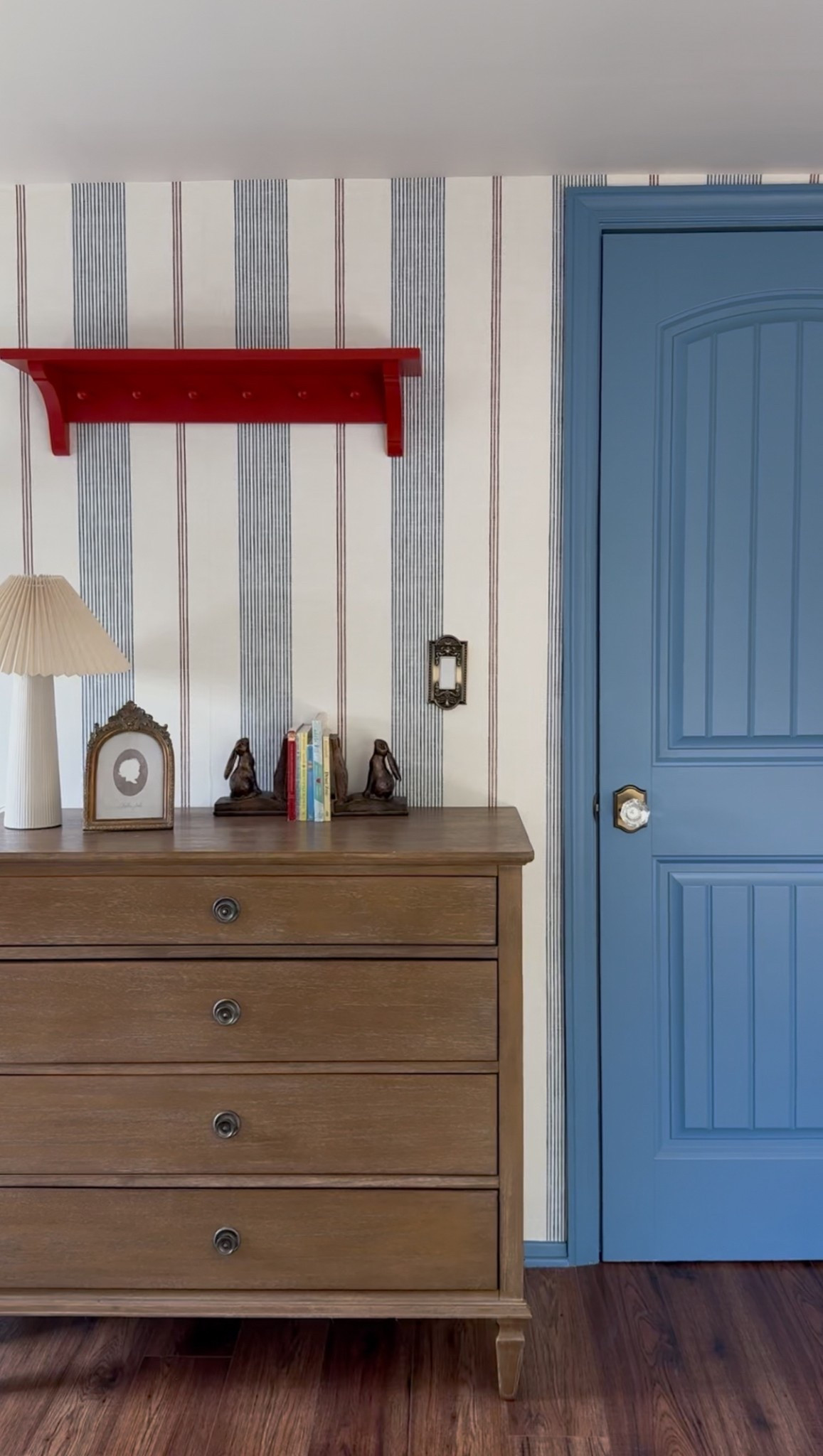 Kids bedroom boys & girls shared - blue red white - striped wallpaper 

#LTKHome #LTKKids