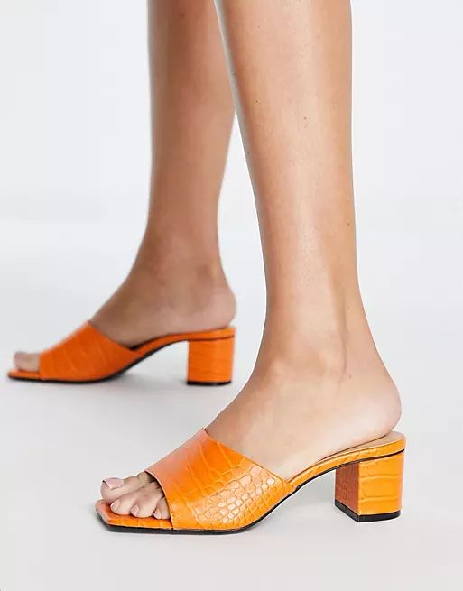 Monki faux croc mule heeled sandals in orange | ASOS | ASOS (Global)