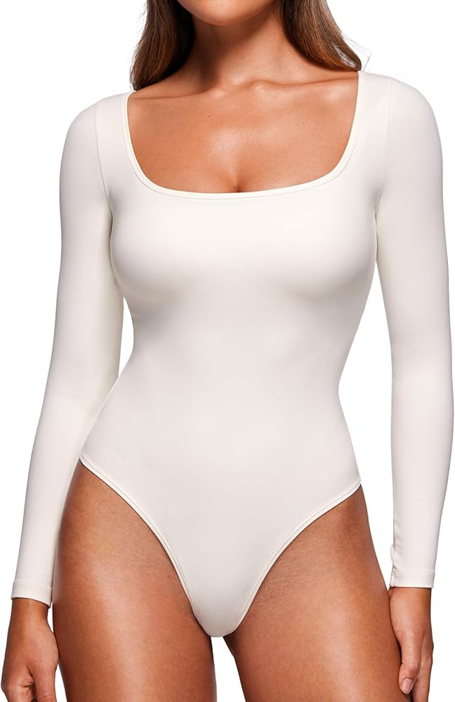 CRZ YOGA Butterluxe Square Neck Long Sleeve Bodysuit for Women Sexy Thong Bodysuits Tops Soft Str... | Amazon (US)