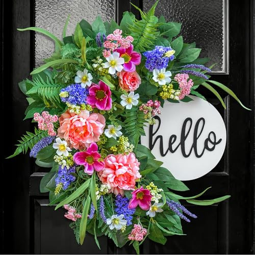 24 Inch Spring Wreath for Front Door with Wooden Welcome Sign, Artificial Peony, Rose, Lavender & Hydrangea Flowers, Spring and Summer Door Wreath for Indoor Outdoor Decor | Amazon (US)