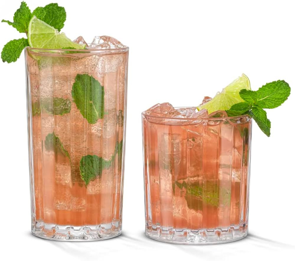 JoyJolt Drinking Glasses Set of 8, Alina Ribbed Glassware. 12oz Rocks Glasses and 14oz Highball G... | Amazon (US)