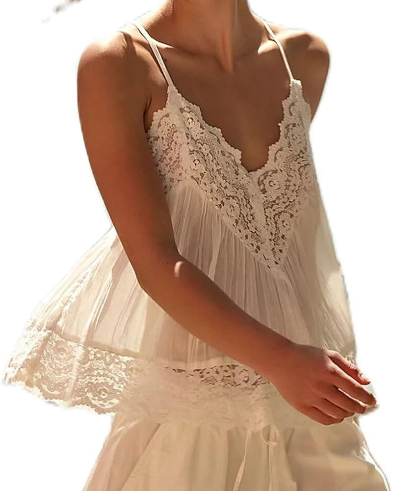Women Tie Lace Tank Top Fariy Sheer Sleeveless Ruffle Peplum Top Y2k Going Out Tank Tops Teen Gir... | Amazon (US)