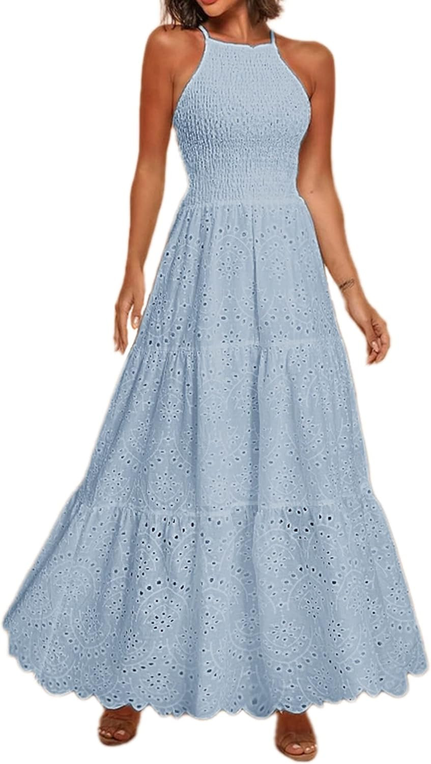 BerryGo Women's Embroidery Pearl Button Down Dress V Neck Spaghetti Strap Maxi Dress | Amazon (US)