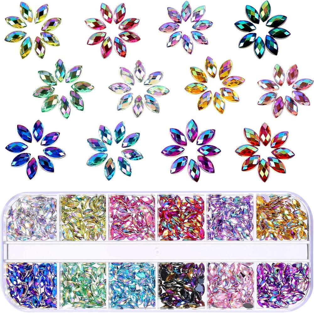 TecUnite 1200 Pieces 12 Colors Shiny Nail Rhinestones Horse Eye Nail Rhinestones Flat Back Gems D... | Amazon (US)