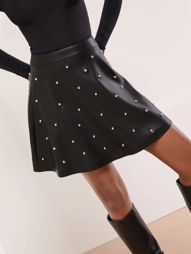 Lipsy Black Studded Faux Leather Skater Mini Skirt | Next EU