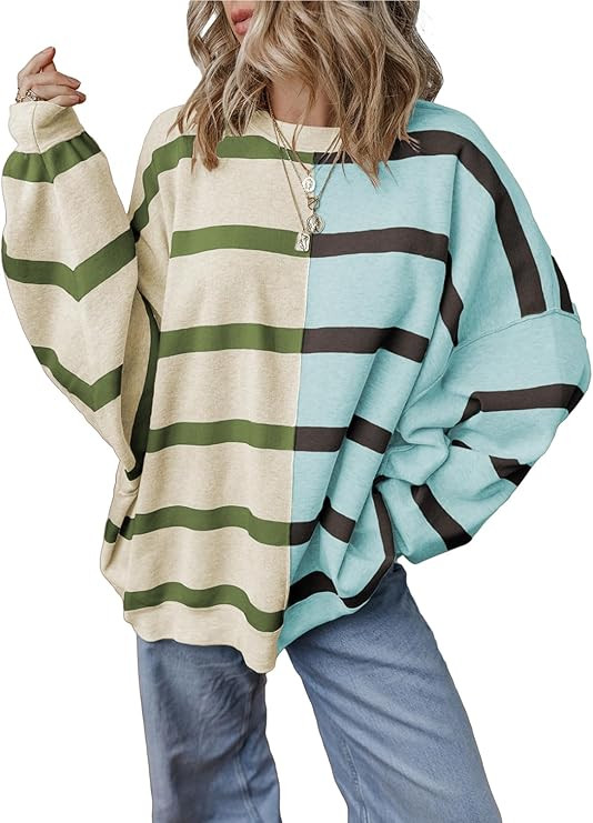 EVALESS Womens Striped Sweaters Long Sleeve Cable Knitted Color Block Casual Loose Lightweight Ov... | Amazon (US)
