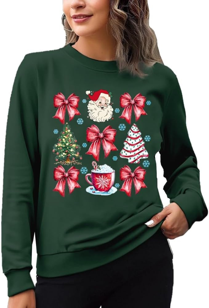 Womens Christmas Sweatshirt Santa Christmas Tree Bow Long Sleeve Shirts Snowflakes Xmas Pullover ... | Amazon (US)