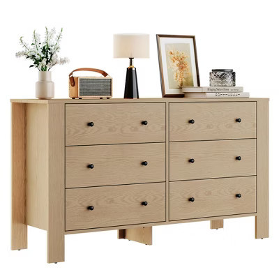 Natural Oak Dresser for Bedroom, Large 6 Drawer Dresser with Deep Drawers & Metal Knobs, Modern Wooden Double Chests of Drawers | Target