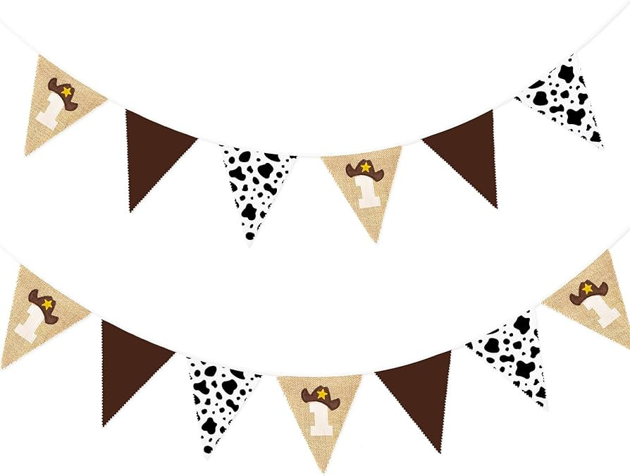 Western Cowboy 1st Birthday Burlap Pennant Banner Flag Cow Pattern Brown Triangle Fabric Bunting ... | Amazon (US)