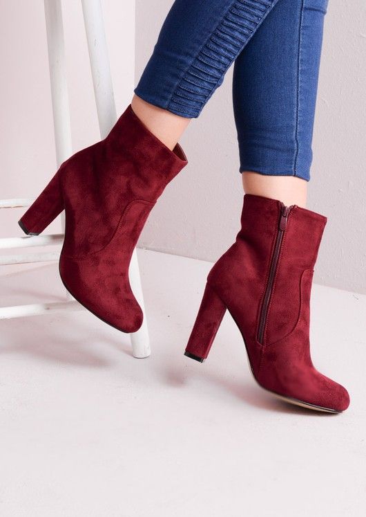 Zip Suede Block Heel Ankle Boots Burgundy | Lily Lulu Fashion