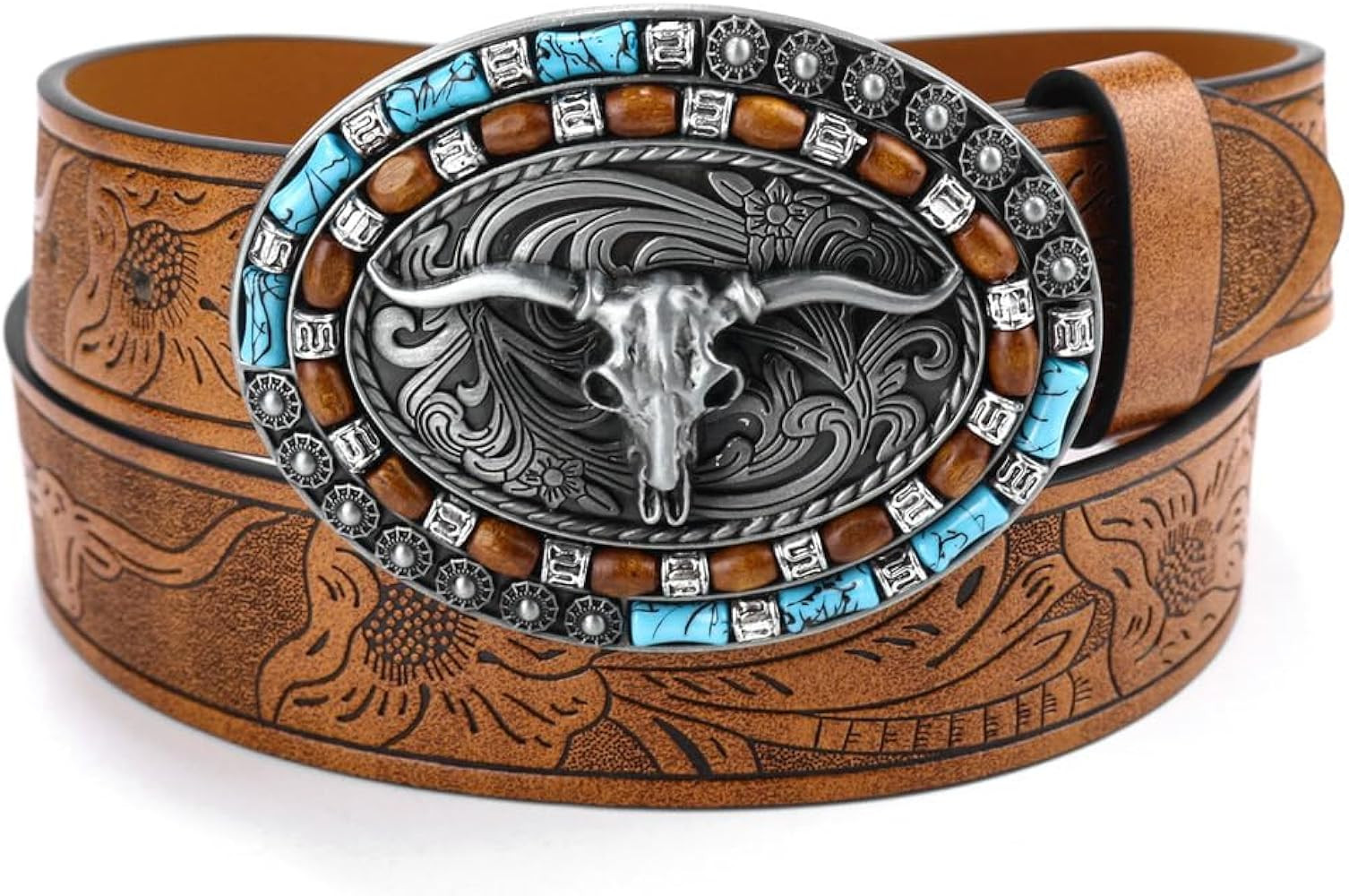 Mens-Western-Cowboy-Belt - Longhorn-Bull-Pattern-Buckle-Belt Floral-Engraved-Buckle-Belt Fit 25" ... | Amazon (US)