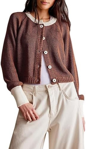 PUWEI Women's Color Block Cardigan Sweaters Button-Up Long Sleeve Cropped Knited Jacket Casual Ro... | Amazon (US)