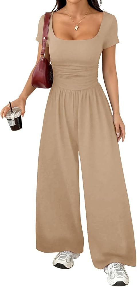 Acelitt One Piece Jumpsuits for Women Dressy Casual Short Sleeve Squared Neck Wide Leg Pants Romp... | Amazon (US)