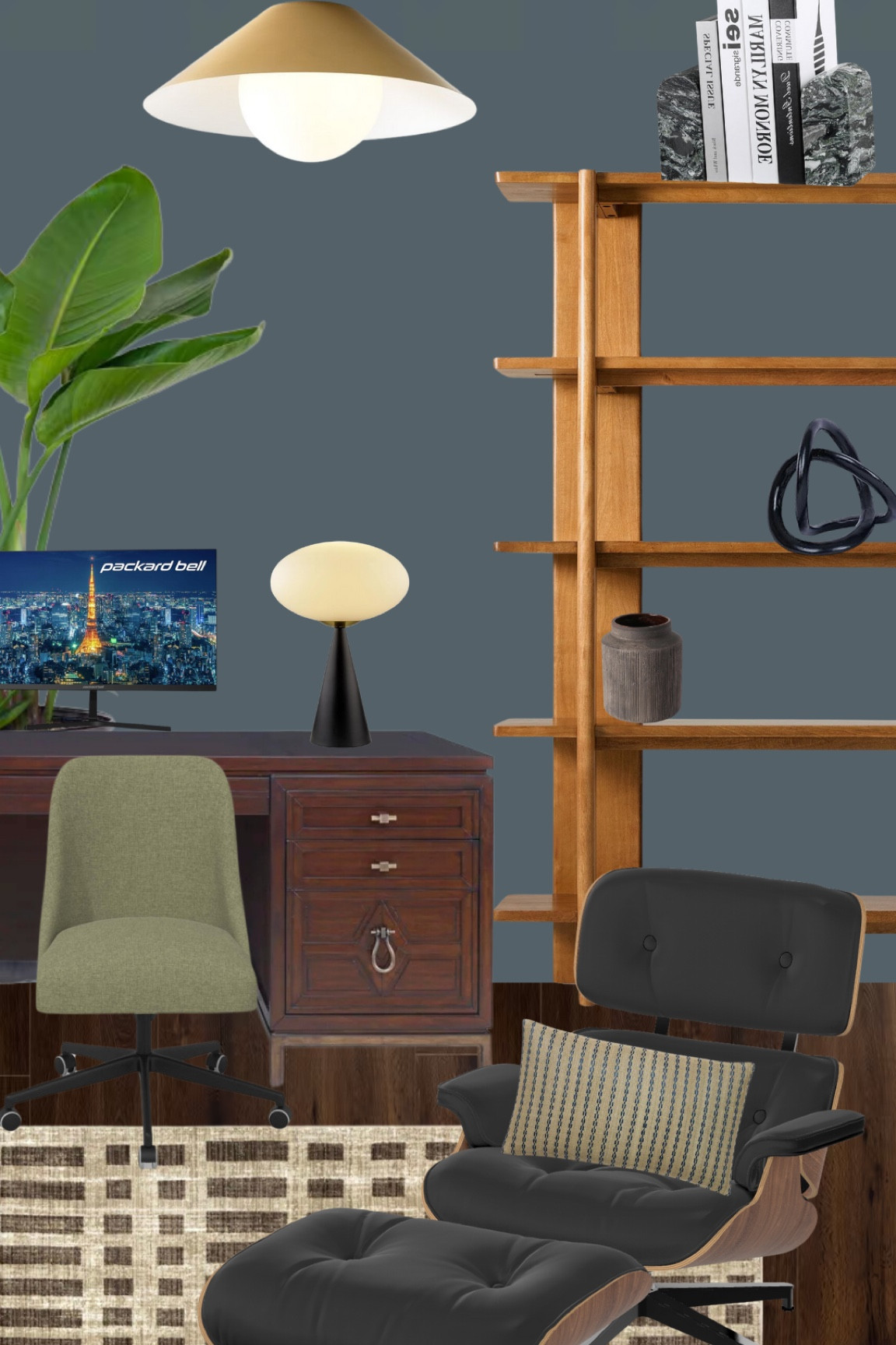 This office mood board pairs a deep moody blue wall with warm wood tones and dark neutrals. The Eames lounge chair adds a timeless touch, while a bold brass pendant light makes a statement. A mix of vintage and modern elements creates a workspace that feels both refined and inviting. 

#LTKFamily #LTKSaleAlert #LTKHome