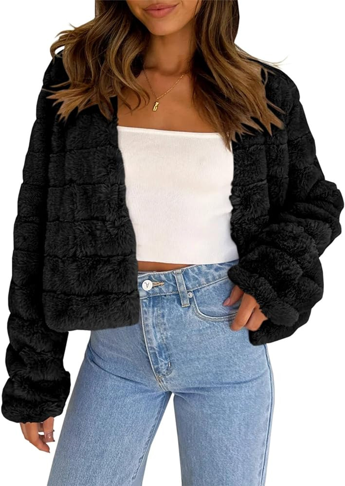 Fisoew Womens Cropped Faux Fur Jackets Long Sleeve Open Front Fluffy Short Coats | Amazon (US)
