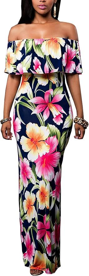 Suimiki Vintage Ruffle Plain Floral Printed Off Shoulder Bodycon Long Party Maxi Dress | Amazon (US)