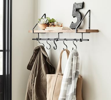 Lucy Mango Wood Shelf With Hooks | Pottery Barn (US)