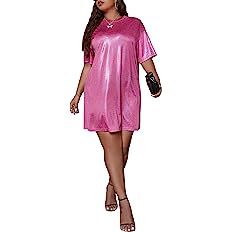 OYOANGLE Women's Plus Size Summer Y2K Metallic Disco Sparkly Shiny Rave Outfits Top Tee Shirt Dre... | Amazon (US)