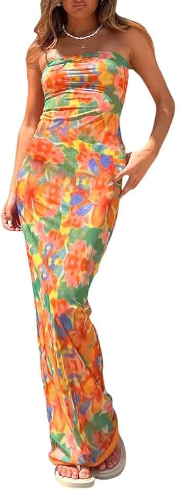 Women Y2k Floral Tube Long Dress Off Shoulder Strapless Maxi Dress Bodycon Open Back Midi Dress C... | Amazon (US)