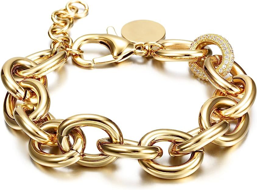 CIUNOFOR CZ Bracelet for Women Girls Wide Cuban Curb Link Bracelet Oval Bracelet Silver Rose Gold... | Amazon (US)