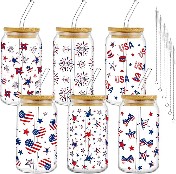 6 Pcs 4th of July Patriotic Glass Cups with Lids and Straws 16oz 4th of July Iced Coffee Cup Inde... | Amazon (US)