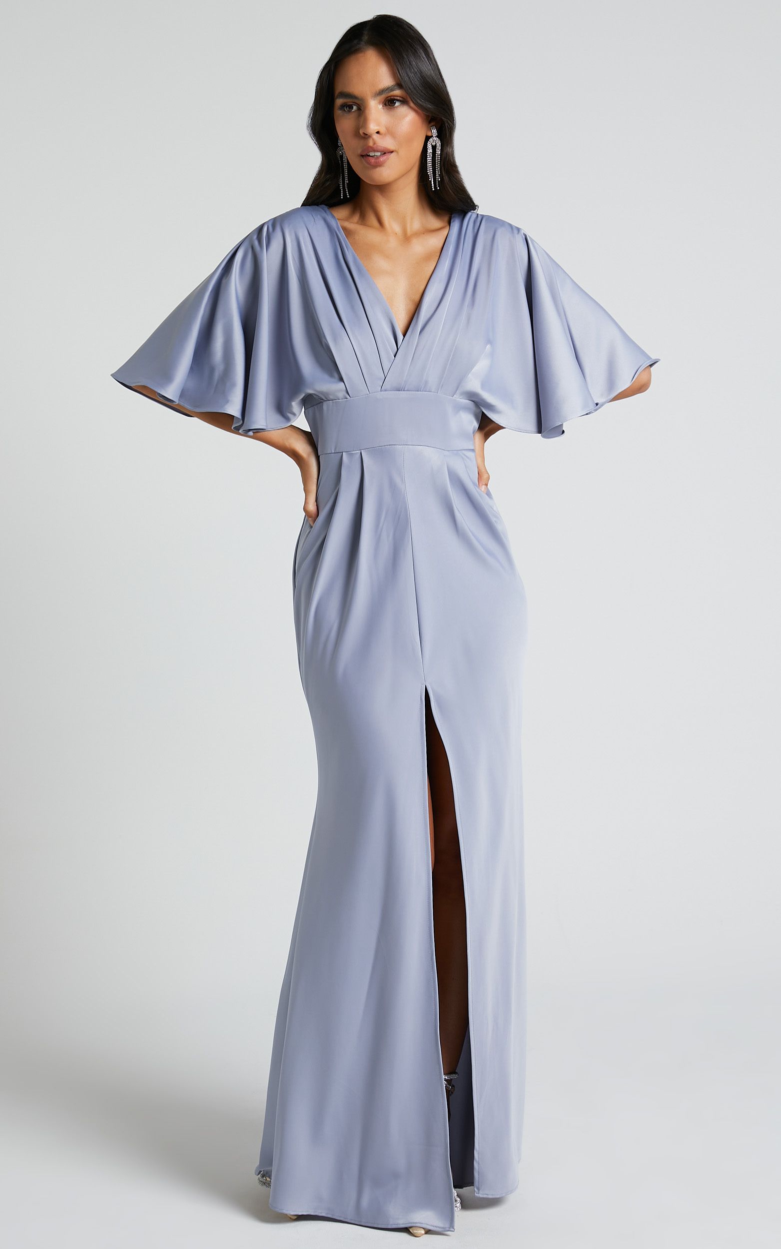 Gemalyn Maxi Dress - Angel Sleeve V Neck Split Dress in Sky Blue | Showpo (US, UK & Europe)
