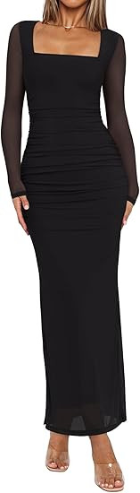 REORIA Long Sleeve Wedding Guest Maxi Dresses for Women Sheer Mesh Square Neck Ruched Bodycon Lon... | Amazon (US)