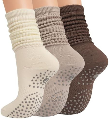 Grip Pilates Socks for Women, Yoga Slouch Socks with Grip for Barre Workout Hospital Long Scrunch... | Amazon (US)