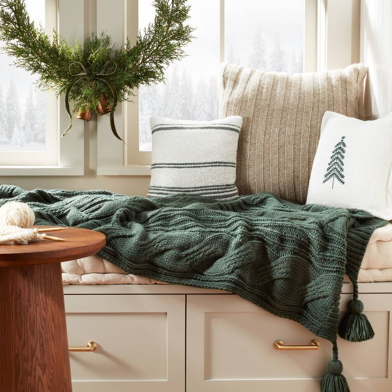 Cable Knit Tasseled Throw Blanket Green - Hearth &#38; Hand&#8482; with Magnolia | Target