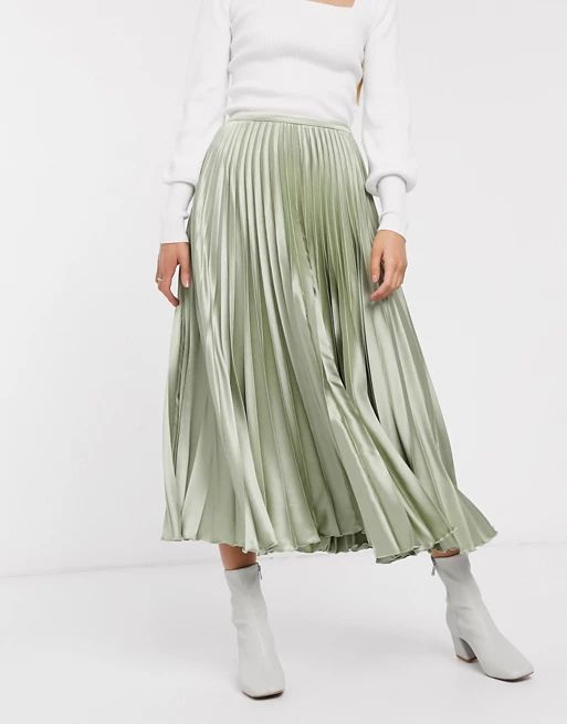 ASOS DESIGN Tall satin pleated midi skirt in green | ASOS (Global)