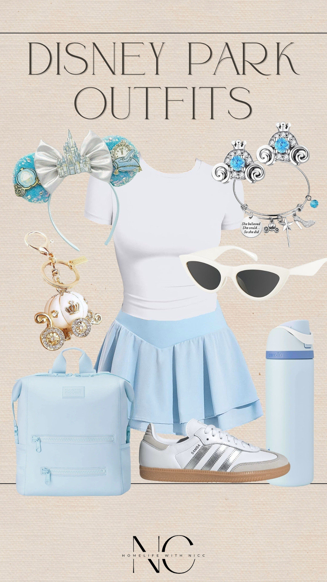 Dress like Cinderella on your next Disney trip!! Here is some outfit inspo for your next Disney vacation! Styled with my favorite Dagne Dover bags! 🩵🤍