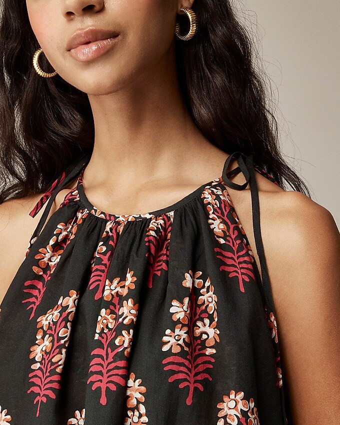 Tie-shoulder tank top in cocoa block-print cotton voile | J. Crew US