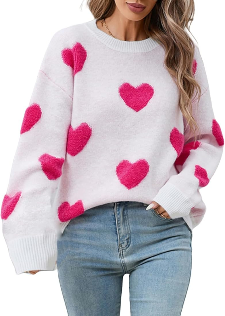 Heart Sweater for Women Valentine's Day Cute Print Crewneck Long Sleeve Oversized Love Sweaters K... | Amazon (US)