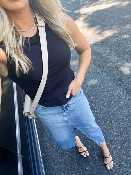 Ribbed tank 
Denim midi skirt 
Amazon heels (under $50 and tts)
Mom style 

#LTKover40 #LTKstyletip #LTKunder50