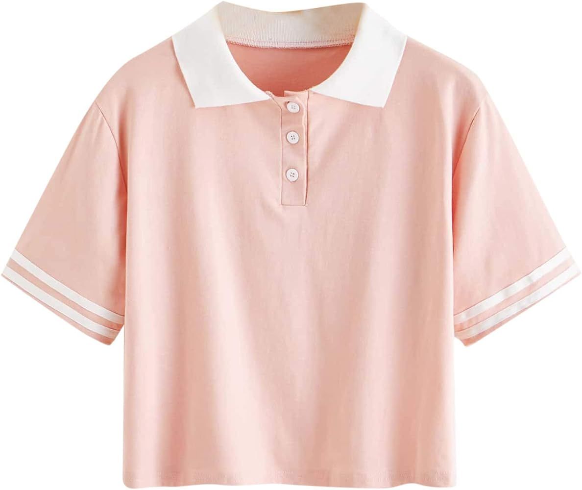 SweatyRocks Women's Collar Half Button Short Sleeve Striped Crop Top T-Shirts | Amazon (US)