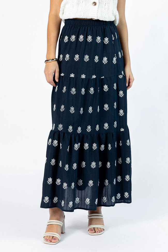 No Place Like This Navy Embroidered Maxi Skirt | Pink Lily
