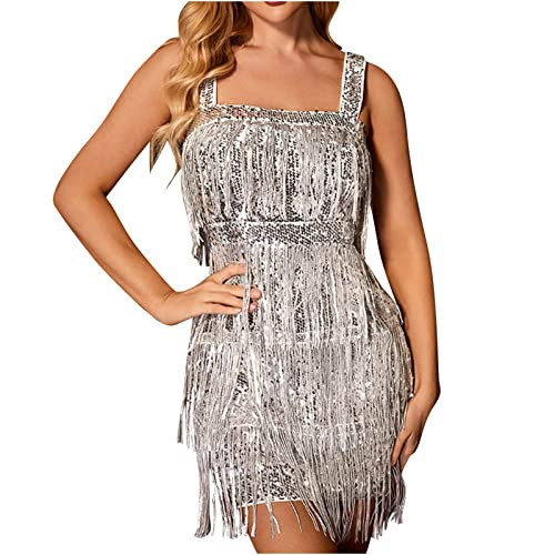 Fringe Dresses Women's Sparkly Sequin Tassels Fringe Dress V Neck Spaghetti Straps Bodycon Country Concert Outfits Party Clubwear Silver Tassel Dress, Silver M | Amazon (US)