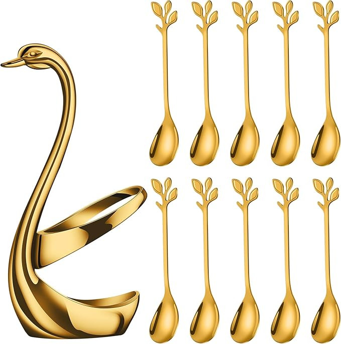 AnSaw Gold Small Coffee Spoon Holder Set,Swan Base With 10 Pcs Demitasse Espresso Spoons Set,4.7"... | Amazon (US)