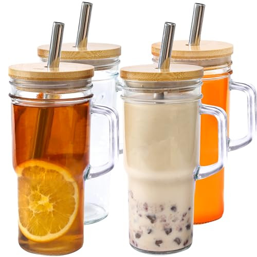 24oz Glass Cups with Lids and Straws - Tumbler glass cup with bamboo lids and straw 4 pack | Amazon (US)